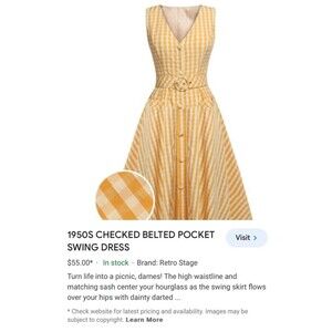 1950s Belted Pocket Yellow White Checked Retro Swing Dress Women's Size Small